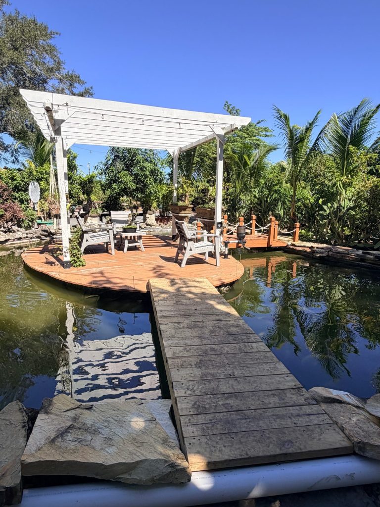 Pergola deck and wooden footbridge over a pond surrounded by palms at Vườn Xoài Vietnamese garden in Tampa