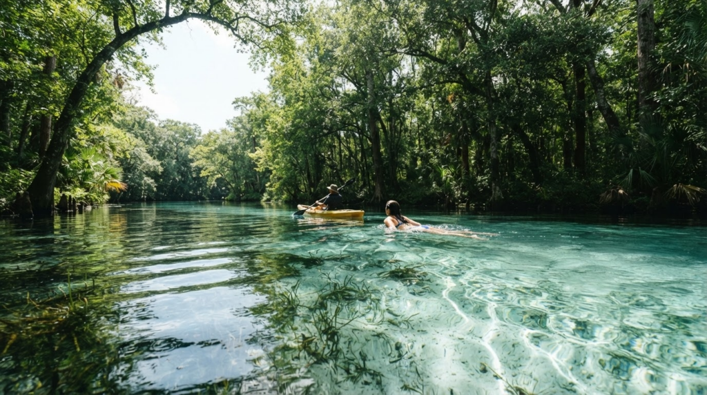 A kayaker and a swimmer on a crystal-clear, tree-lined Florida spring run